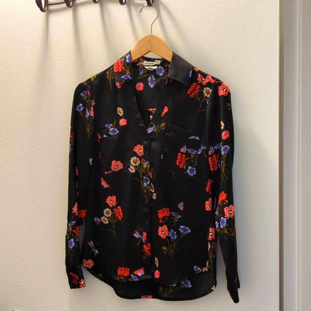 Express Satin Portofino Shirt with Floral Pattern in Slim XS